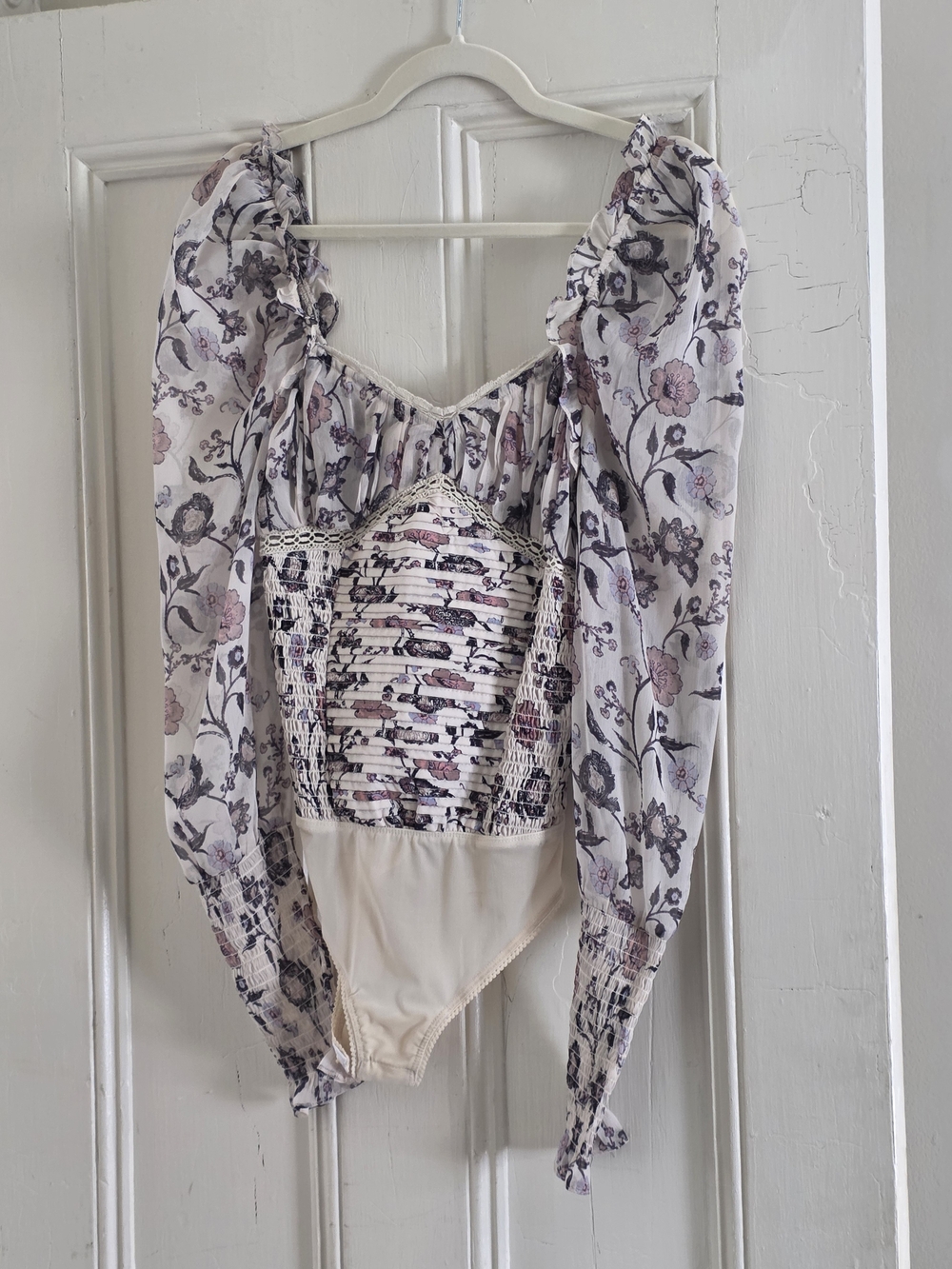 Free People Cream Floral Smocked Bodysuit with Purple Accents Size XS